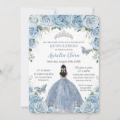 Invitation Quinceañera Blue Floral Butterflies Silver Tiara (Devant)