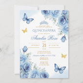 Invitation Quinceañera Blue Floral Gold Butterfly Tiara (Devant)