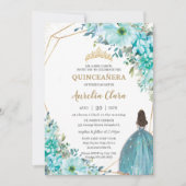 Invitation Quinceañera Blue Floral Gold Princesse Turquoise (Devant)