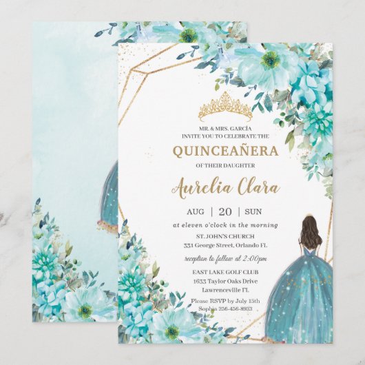 Invitation Quinceañera Blue Floral Gold Princesse Turquoise (Devant / Derrière)