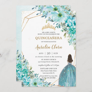 Invitation Quinceañera Blue Floral Gold Princesse Turquoise