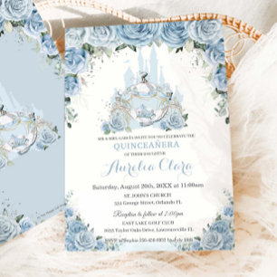 Invitation Quinceañera Blue Floral Princess Castle Carrie