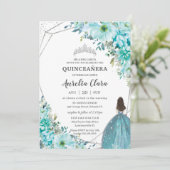 Invitation Quinceañera Blue Floral Silver Princess (Debout devant)