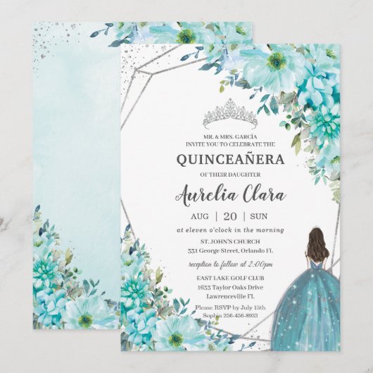 Invitation Quinceañera Blue Floral Silver Princess (Devant / Derrière)