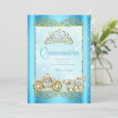 Invitation Quinceanera Blue Gold conte de fées Cendrillon (Debout devant)