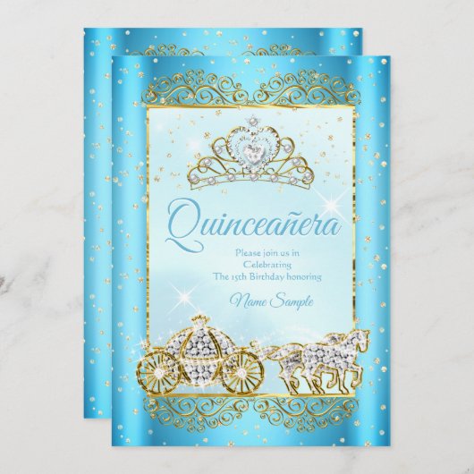 Invitation Quinceanera Blue Gold conte de fées Cendrillon (Devant / Derrière)