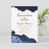 Invitation Quinceanera Blue Marble Gold Crown Photo (Debout devant)