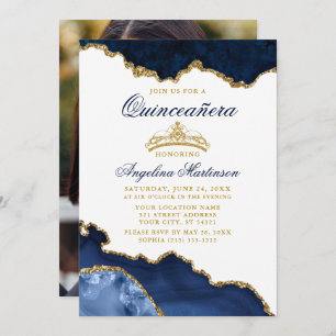 Invitation Quinceanera Blue Marble Gold Crown Photo