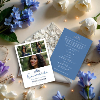 Invitation Quinceañera Blue Princess Tiara 3-Photos Spanish
