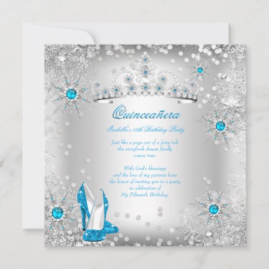 Invitation Quinceanera Blue Silver Winter Wonderland (Devant)