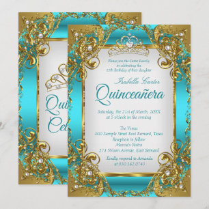 Invitation Quinceanera Blue Turquoise Golden Pearl Tiara Part
