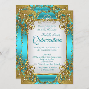 Invitation Quinceanera Blue Turquoise Golden Pearl Tiara Part