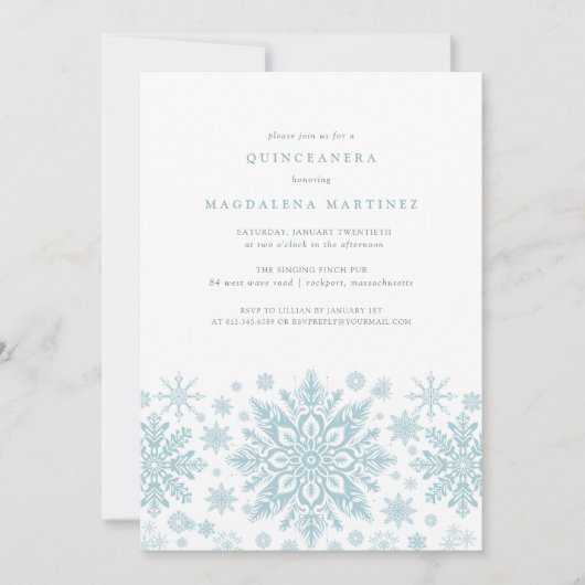 Invitation Quinceanera Blue White Snowflon hiver (Devant)