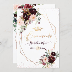 Invitation Quinceanera Blush Bourgogne Aquarelle Fleurs