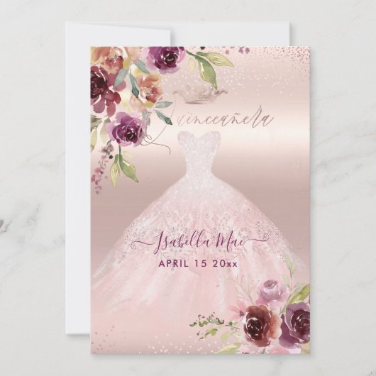 Invitation Quinceanera Blush Bourgogne Aquarelle Fleurs (Devant)