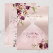 Invitation Quinceanera Blush Bourgogne Aquarelle Fleurs (Devant / Derrière)