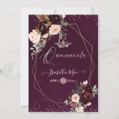 Invitation Quinceanera Blush Bourgogne Aquarelle Fleurs (Devant)
