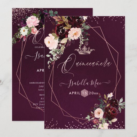 Invitation Quinceanera Blush Bourgogne Aquarelle Fleurs (Devant / Derrière)