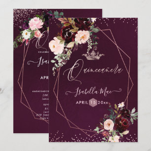 Invitation Quinceanera Blush Bourgogne Aquarelle Fleurs