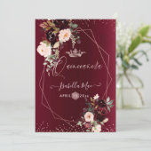 Invitation Quinceanera Blush Bourgogne Aquarelle Fleurs (Debout devant)