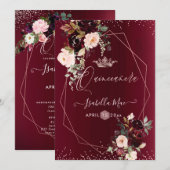 Invitation Quinceanera Blush Bourgogne Aquarelle Fleurs (Devant / Derrière)