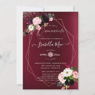 Invitation Quinceanera Blush Bourgogne Aquarelle Fleurs