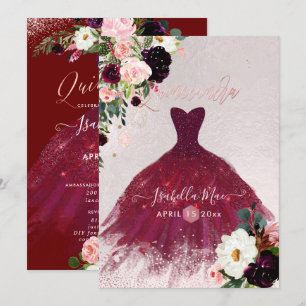 Invitation Quinceanera Blush Bourgogne Aquarelle Fleurs