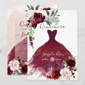 Invitation Quinceanera Blush Bourgogne Aquarelle Fleurs (Devant / Derrière)