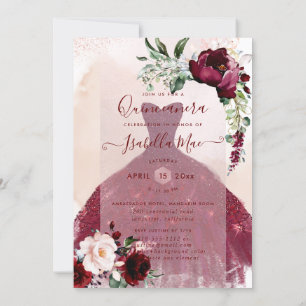 Invitation Quinceanera Blush Bourgogne Aquarelle Fleurs