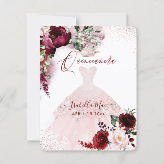Invitation Quinceanera Blush Bourgogne Fleurs Aquarelle Invi