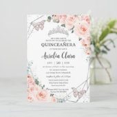 Invitation Quinceañera Blush Floral Butterflies Argent Couron (Debout devant)