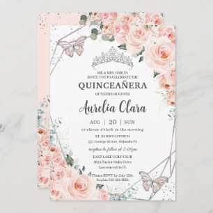 Invitation Quinceañera Blush Floral Butterflies Argent Couron
