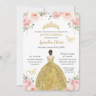 Invitation Quinceañera Blush Floral Butterflies Gold Princess