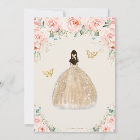 Invitation Quinceañera Blush Floral Champagne Robe Princesse (Dos)