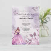 Invitation Quinceañera Blush  floral papillon violet  (Debout devant)