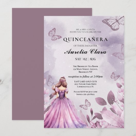 Invitation Quinceañera Blush  floral papillon violet  (Devant / Derrière)