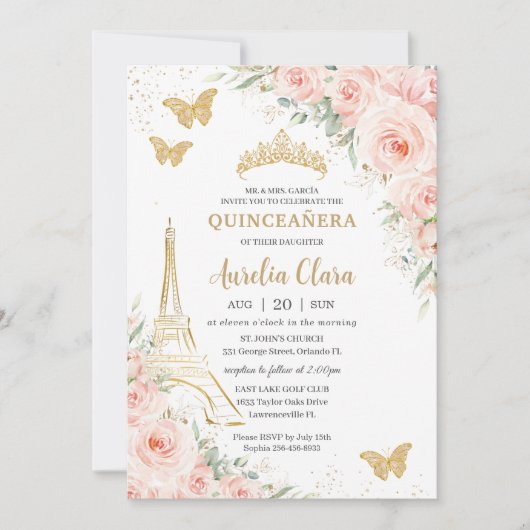 Invitation Quinceañera Blush Floral Paris Eiffel Champagne (Devant)
