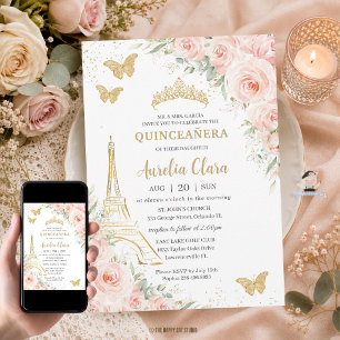 Invitation Quinceañera Blush Floral Paris Eiffel Champagne