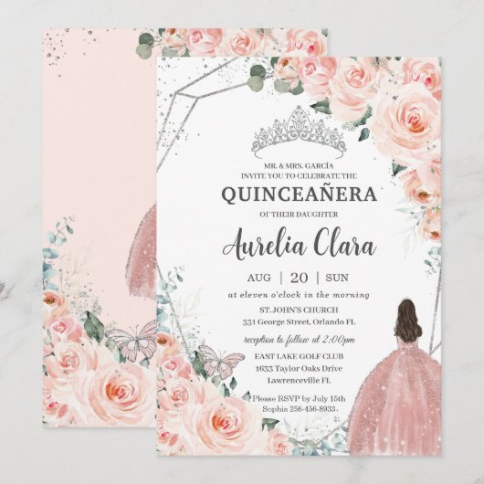 Invitation Quinceañera Blush Floral Princess Argent Couronne (Devant / Derrière)