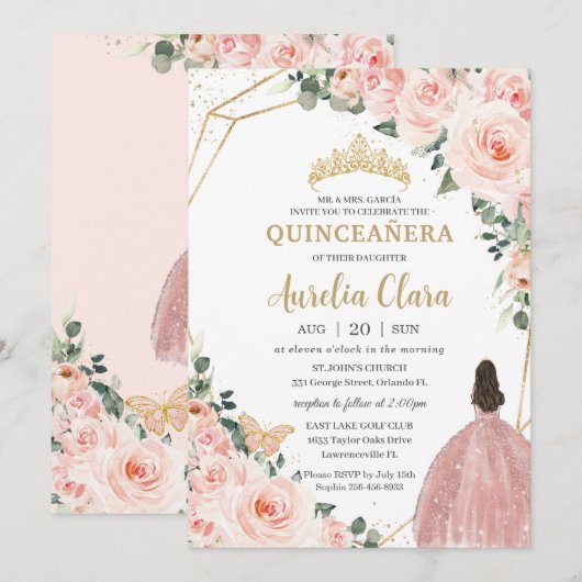 Invitation Quinceañera Blush Floral Princess Gold Crown (Devant / Derrière)
