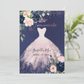 Invitation Quinceanera Blush Navy Blue Aquarelle Fleurs Inv (Debout devant)