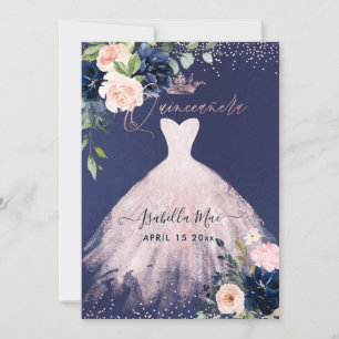Invitation Quinceanera Blush Navy Blue Aquarelle Fleurs Inv