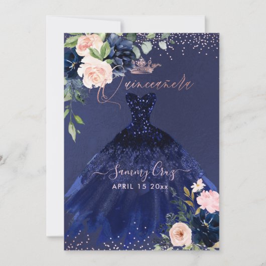 Invitation Quinceanera Blush Navy Blue Aquarelle Fleurs Inv (Devant)