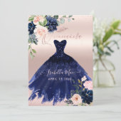 Invitation Quinceanera Blush Navy Blue Watercolor Fleurs (Debout devant)