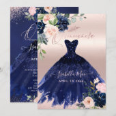 Invitation Quinceanera Blush Navy Blue Watercolor Fleurs (Devant / Derrière)