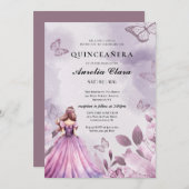 Invitation Quinceañera Blush papillon floral violet (Devant / Derrière)