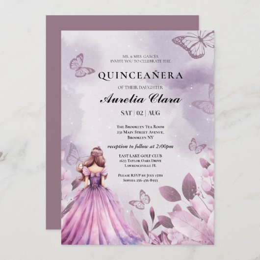 Invitation Quinceañera Blush papillon floral violet (Devant / Derrière)
