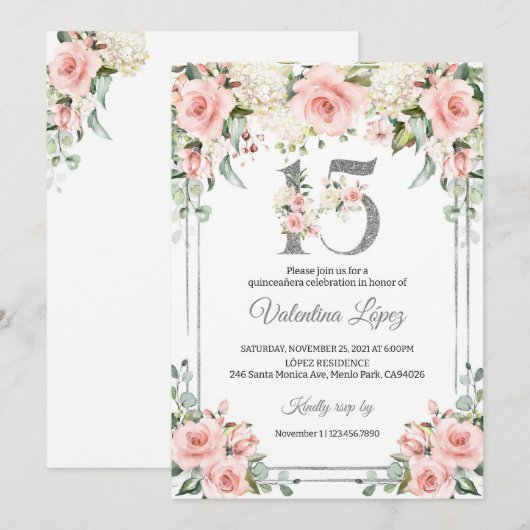 Invitation Quinceanera Blush Pink Floral 15e anniversaire (Devant / Derrière)