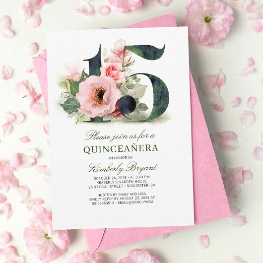 Invitation Quinceanera Blush Pink Floral 15e anniversaire