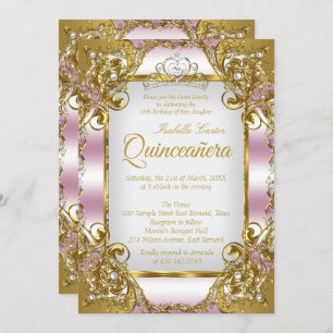 Invitation Quinceanera Blush Pink Golden Pearl Tiara Parti